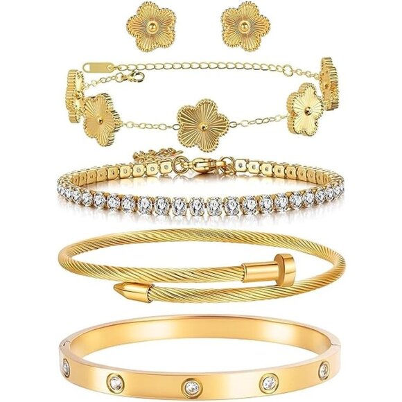 Adjustable 5-Pc Gold Bracelet and Clover Earrings - Perfect for Special Events